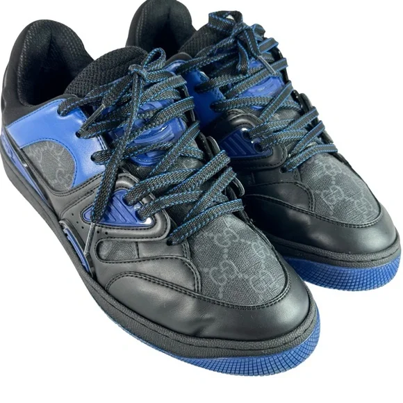 GUCCI Black & Blue Leather/Canvas GG Basket Low Top Men's Sneakers Italy 6.5-7US